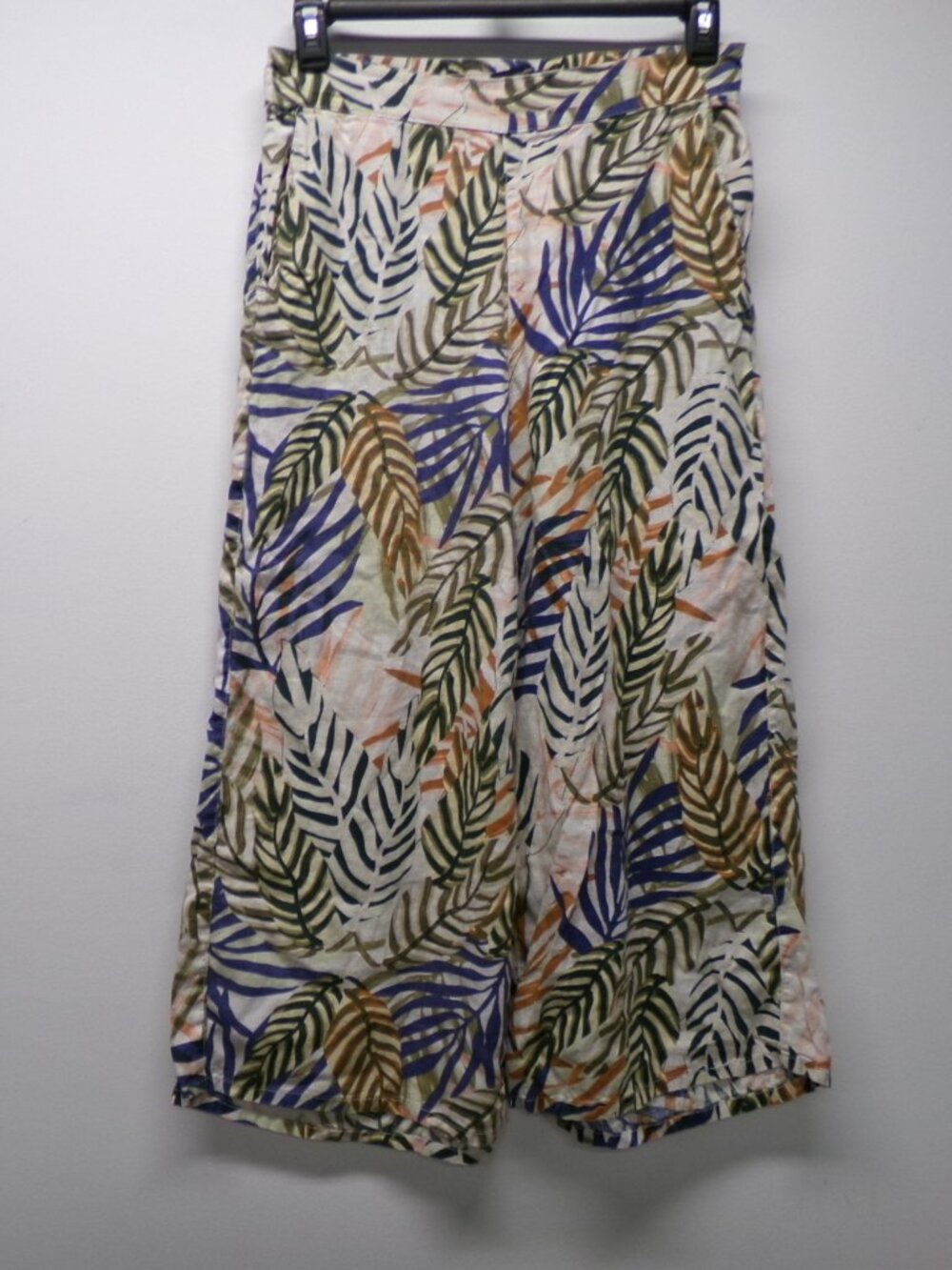 Tahari 100% Linen Wide Leg Tropical Palm Leaf Print Pants L Vacation Travel Boho